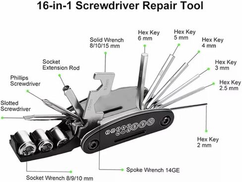 مجموعة أدوات إصلاح ميكانيكي للدراجات الهوائية متعددة الوظائف 16 في 1 من إكستريم، إصلاح الإطارات، مجموعة أدوات إصلاح محمولة متعددة الوظائف للدراجات النارية، مجموعة أدوات إصلاح مترية قابلة للطي in Kuwait