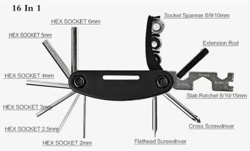 مجموعة أدوات إصلاح ميكانيكي للدراجات الهوائية متعددة الوظائف 16 في 1 من إكستريم، إصلاح الإطارات، مجموعة أدوات إصلاح محمولة متعددة الوظائف للدراجات النارية، مجموعة أدوات إصلاح مترية قابلة للطي in Kuwait