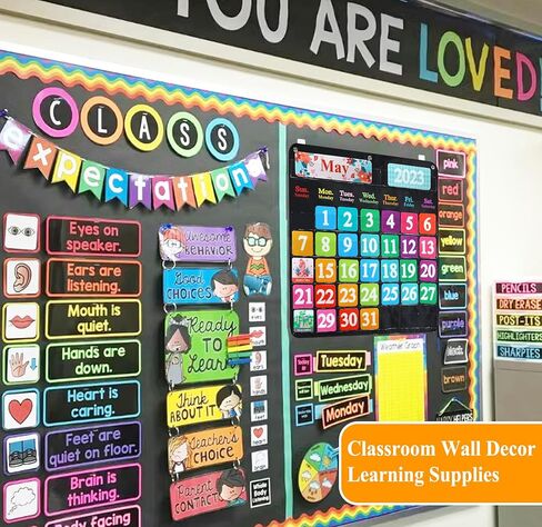 مخطط جيب للتقويم الشهري للفصل الدراسي باللون الأسود للأطفال مع 68 بطاقة لباد، ومستلزمات مدرسة المعلم، وديكورات الفصول الدراسية لمرحلة ما قبل المدرسة - لوحة إعلانات يجب اقتناؤها من رياض الأطفال إلى المرحلة الابتدائية in Kuwait