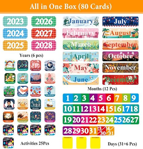 مخطط جيب للتقويم الشهري للفصل الدراسي باللون الأسود للأطفال مع 68 بطاقة لباد، ومستلزمات مدرسة المعلم، وديكورات الفصول الدراسية لمرحلة ما قبل المدرسة - لوحة إعلانات يجب اقتناؤها من رياض الأطفال إلى المرحلة الابتدائية in Kuwait