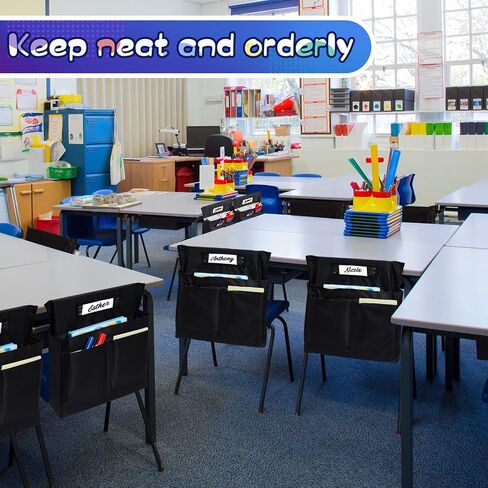 6 Pack Chair Pockets for Classrooms Pocket Chair Organizer with 4 Pockets Chair Storage Slot Pocket Without Name Tag Chart Desk Chair Seat Back Organizer for Student School, 18 x 17 Inch(Black) in Saudi Arabia