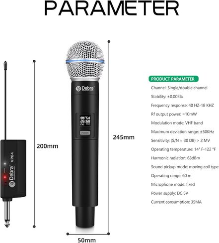 D Debra Wireless Microphone System Audio Dual Cordless Dynamic Handheld Mic with Rechargeable Receiver, for Karaoke Singing, Wedding, DJ, Party, Speech, Church, Class Use, 200ft (VP-04) in Kuwait