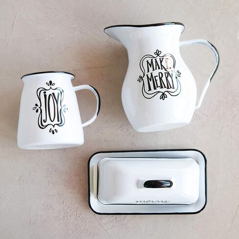 Creative Co-Op 5-1/2"L x 4-3/4"W x 5-1/4"H 16 oz. Enameled Metal Pitcher Joy, White w/Black Rim © in Saudi Arabia