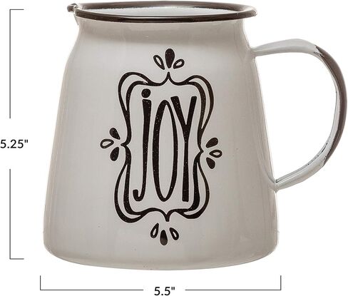 Creative Co-Op 5-1/2"L x 4-3/4"W x 5-1/4"H 16 oz. Enameled Metal Pitcher Joy, White w/Black Rim © in Saudi Arabia