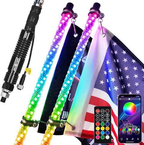 omotor 2 قطعة 3FT أضواء السوط الدهون و 8 القرون RGB مجموعة أضواء الصخور مع بلوتوث وجهاز التحكم عن بعد 360 درجة دوامة مطاردة الطرق الوعرة تحذير مضاءة هوائي LED السياط in Kuwait