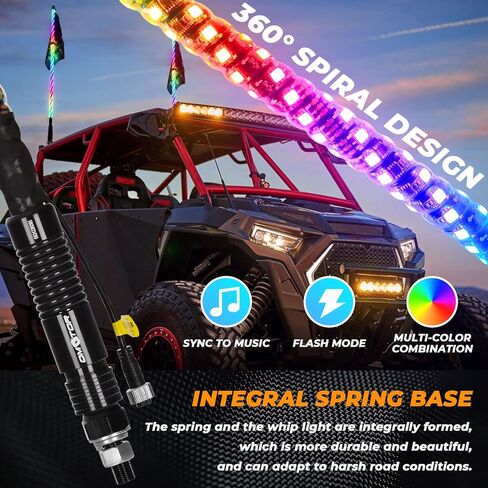 omotor 2 قطعة 3FT أضواء السوط الدهون و 8 القرون RGB مجموعة أضواء الصخور مع بلوتوث وجهاز التحكم عن بعد 360 درجة دوامة مطاردة الطرق الوعرة تحذير مضاءة هوائي LED السياط in Kuwait