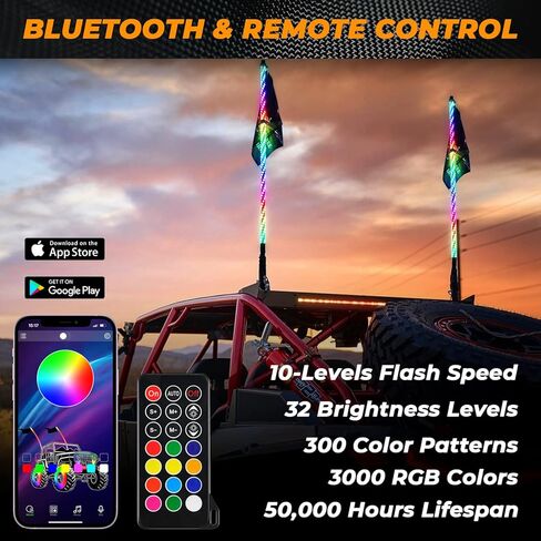 omotor 2 قطعة 3FT أضواء السوط الدهون و 8 القرون RGB مجموعة أضواء الصخور مع بلوتوث وجهاز التحكم عن بعد 360 درجة دوامة مطاردة الطرق الوعرة تحذير مضاءة هوائي LED السياط in Kuwait