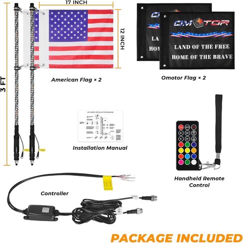 omotor 2 قطعة 3FT أضواء السوط الدهون و 8 القرون RGB مجموعة أضواء الصخور مع بلوتوث وجهاز التحكم عن بعد 360 درجة دوامة مطاردة الطرق الوعرة تحذير مضاءة هوائي LED السياط in Kuwait
