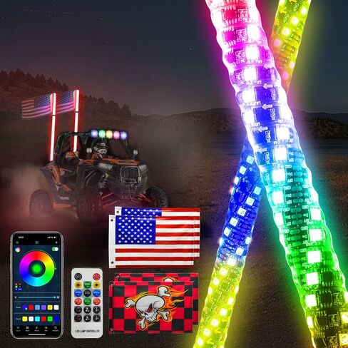 2 حزمة من مصابيح السوط بطول 3 أقدام مع زنبرك، ضوء سوط LED مع التطبيق وجهاز التحكم عن بعد، سياط هوائي مضاء لمطاردة RGB حلزوني، ضوء سوط موسيقي لشاحنة الطرق الوعرة UTV ATV RZR SXS Can-Am Dune Buggy in Kuwait