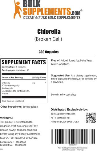 BULKSUPPLEMENTS.COM كبسولات الكلوريلا - الأطعمة الخضراء الفائقة - المكملات الغذائية الخضراء - كبسولات الكلوروفيل - حبوب الكلوريلا - 6 كبسولات لكل وجبة، جدار الخلية المكسور (300 كبسولة) in Kuwait