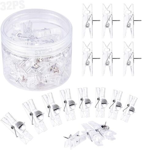 32 Pieces Reusable Push Pin Clips Photo Clips, Mini Transparent Plastic Tacks Thumbtacks Clothespins Decorative Craft Paper Clips for Cork Boards Wall Artworks Notes Photos Craft Accessories, Clear in Saudi Arabia
