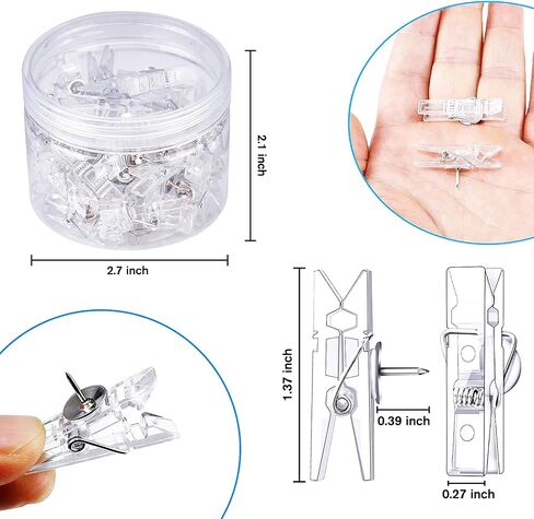 32 Pieces Reusable Push Pin Clips Photo Clips, Mini Transparent Plastic Tacks Thumbtacks Clothespins Decorative Craft Paper Clips for Cork Boards Wall Artworks Notes Photos Craft Accessories, Clear in Saudi Arabia