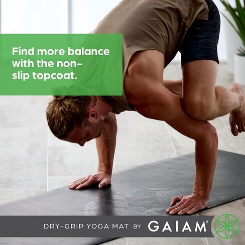 سجادة اليوغا Gaiam Dry-Grip - بساط للتمارين واللياقة البدنية بسمك 5 مم لليوجا القياسية أو الساخنة، والبيلاتس والتدريبات الأرضية - دعم مبطن، معطف غير قابل للانزلاق - 68 × 24 بوصة in Kuwait