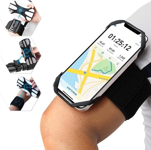 Running Phone Holder, 3 in 1 Cell Phone Holder Armband and Wristband Bike Phone Mount 360° Rotatable Running Armband for Running Hiking Biking Compatible with iPhone, 4.5''~7'' Smartphones - Black in Kuwait