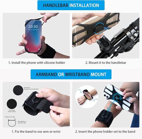 Running Phone Holder, 3 in 1 Cell Phone Holder Armband and Wristband Bike Phone Mount 360° Rotatable Running Armband for Running Hiking Biking Compatible with iPhone, 4.5''~7'' Smartphones - Black in Kuwait