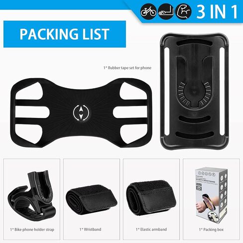 Running Phone Holder, 3 in 1 Cell Phone Holder Armband and Wristband Bike Phone Mount 360° Rotatable Running Armband for Running Hiking Biking Compatible with iPhone, 4.5''~7'' Smartphones - Black in Kuwait