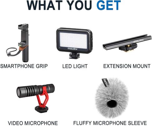 Smartphone Video Rig, Cell Phone Video Recording Kit Vlogging Stabilizer Equipment with Cardioid Microphone,Selfie LED Light, Solid Aluminum Cold Shoe Extension Bar Compatible with iPhone Smartphones in Saudi Arabia