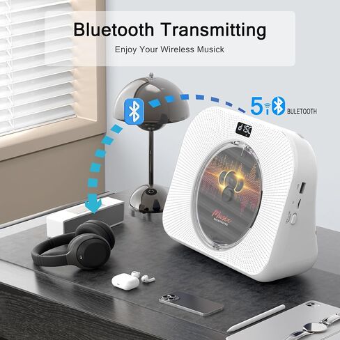 CD Player with Bluetooth，Double HiFi Sound Speakers，Sleep Mode,Desktop CD Music Players,Support AUX/USB/Headphone Jack/Music Fiber Optics/FM Radio Boombox for Home,Office(White) in Kuwait