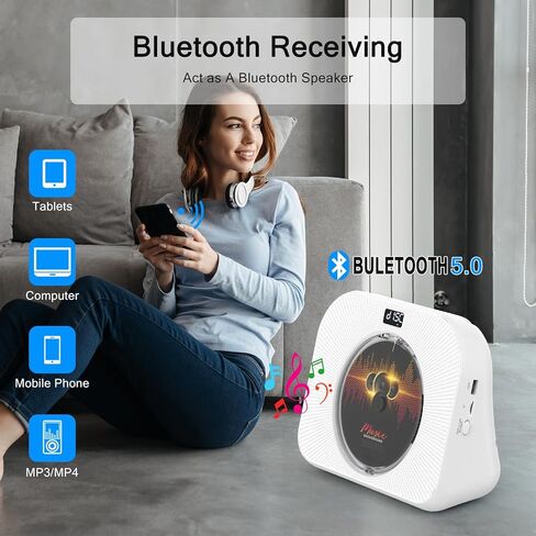 CD Player with Bluetooth，Double HiFi Sound Speakers，Sleep Mode,Desktop CD Music Players,Support AUX/USB/Headphone Jack/Music Fiber Optics/FM Radio Boombox for Home,Office(White) in Kuwait