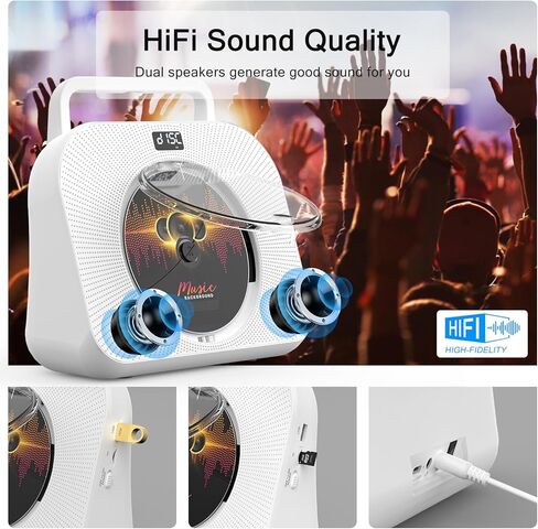 CD Player with Bluetooth，Double HiFi Sound Speakers，Sleep Mode,Desktop CD Music Players,Support AUX/USB/Headphone Jack/Music Fiber Optics/FM Radio Boombox for Home,Office(White) in Kuwait