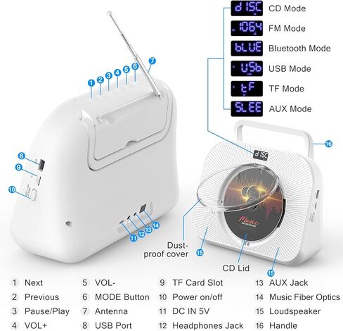 CD Player with Bluetooth，Double HiFi Sound Speakers，Sleep Mode,Desktop CD Music Players,Support AUX/USB/Headphone Jack/Music Fiber Optics/FM Radio Boombox for Home,Office(White) in Kuwait