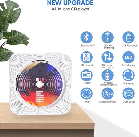 AONCO Portable CD Player,Bluetooth Wall-Mounted CD Music Player Home Audio Speaker,with Remote Control FM Radio Built-in HiFi Speaker,MP3 Headphone Jack Aux Out,White in Saudi Arabia