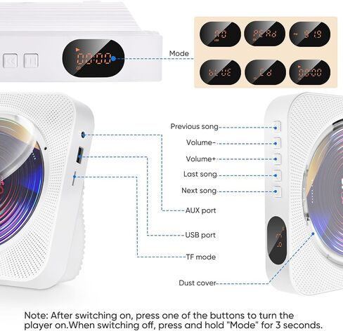 AONCO Portable CD Player,Bluetooth Wall-Mounted CD Music Player Home Audio Speaker,with Remote Control FM Radio Built-in HiFi Speaker,MP3 Headphone Jack Aux Out,White in Saudi Arabia