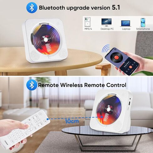 AONCO Portable CD Player,Bluetooth Wall-Mounted CD Music Player Home Audio Speaker,with Remote Control FM Radio Built-in HiFi Speaker,MP3 Headphone Jack Aux Out,White in Saudi Arabia