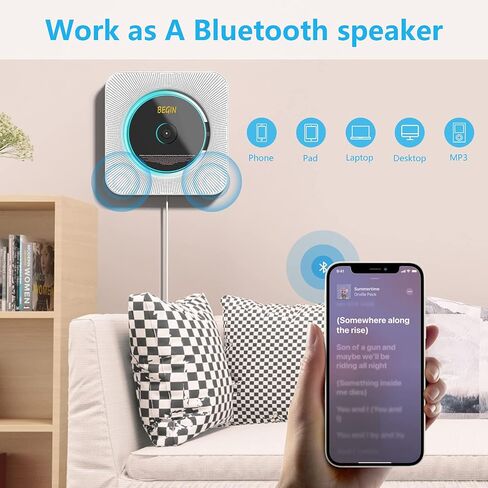 AONCO Portable CD Player,Bluetooth Wall-Mounted CD Music Player Home Audio Speaker,with Remote Control FM Radio Built-in HiFi Speaker,MP3 Headphone Jack Aux Out,White in Saudi Arabia