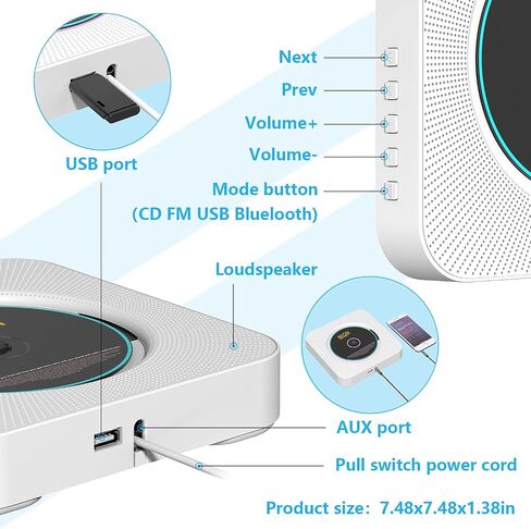 AONCO Portable CD Player,Bluetooth Wall-Mounted CD Music Player Home Audio Speaker,with Remote Control FM Radio Built-in HiFi Speaker,MP3 Headphone Jack Aux Out,White in Saudi Arabia