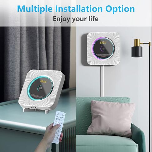 AONCO Portable CD Player,Bluetooth Wall-Mounted CD Music Player Home Audio Speaker,with Remote Control FM Radio Built-in HiFi Speaker,MP3 Headphone Jack Aux Out,White in Saudi Arabia