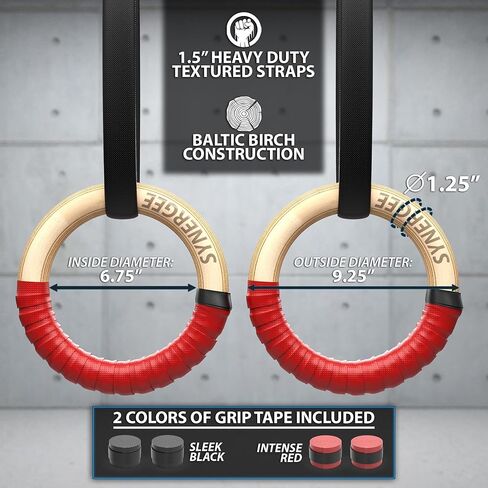 Synergee Wood Olympic Gymnastics Rings 1.25" and 1" Grip with Adjustable Straps & Grip Tape for Pull Ups Dips and Muscle Ups in Saudi Arabia
