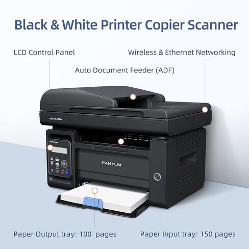 Pantum M6552NW الكل في واحد طابعة ليزر ماسح ضوئي ناسخة لاسلكية أحادية اللون بالأبيض والأسود للمكتب المنزلي - طباعة مسح ضوئي، سرعة تصل إلى 23 صفحة في الدقيقة، 50 ورقة ADF، سعة 150 ورقة كبيرة in Kuwait