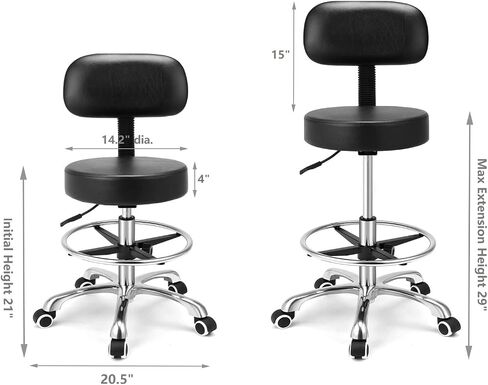 Kaleurrier Rolling Swivel Adjustable Heavy Duty Drafting Stool Chair for Salon,Medical,Office and Home uses,with Wheels and Back (Black) in Saudi Arabia