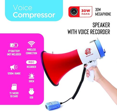 Bullhorn Megaphone with Siren & Volume Control/Recorder - Waterproof 30W Reliable and Consistent Performance, 700-sec Voice Recording with Maximum Range 1640Yards in Saudi Arabia