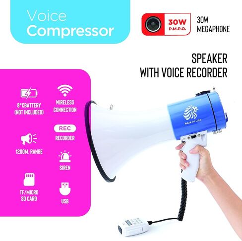 Bullhorn Megaphone with Siren & Volume Control/Recorder - Waterproof 30W Reliable and Consistent Performance, 700-sec Voice Recording with Maximum Range 1640Yards in Saudi Arabia