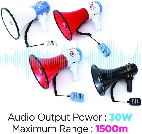Bullhorn Megaphone with Siren & Volume Control/Recorder - Waterproof 30W Reliable and Consistent Performance, 700-sec Voice Recording with Maximum Range 1640Yards in Saudi Arabia