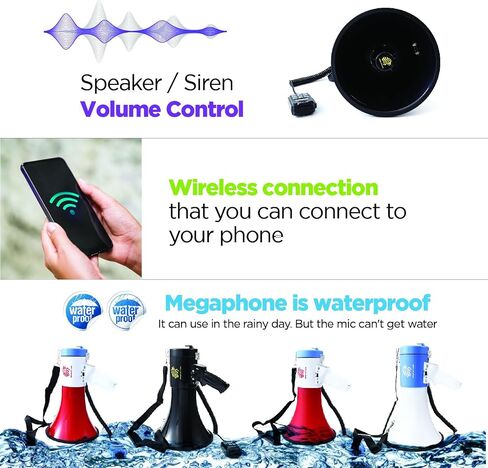 Bullhorn Megaphone with Siren & Volume Control/Recorder - Waterproof 30W Reliable and Consistent Performance, 700-sec Voice Recording with Maximum Range 1640Yards in Saudi Arabia