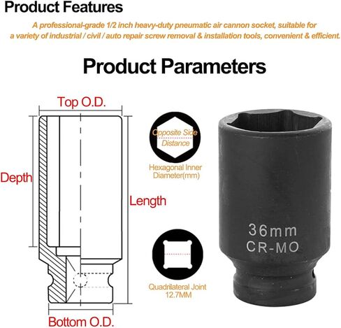 مقبس صدمات عميق 1/2 بوصة × 36 مم، مقبس صامولة محور CR-MO ذو 6 نقاط، لسهولة الإزالة، صواميل عمود محور الدفع الأمامي، فتحة الدبوس (متري) in Kuwait