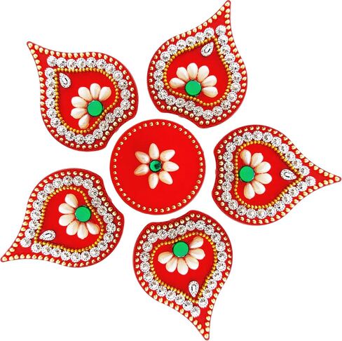 ديكورات أرضية Diwali Rangoli مصنوعة يدويًا من الأكريليك الأحمر Dipak لتزيين الطاولة وأحجار مرصعة بالترتر والديكور التقليدي لباب المنزل | ملصقات الحائط الأرضية RJV-002 in Saudi Arabia