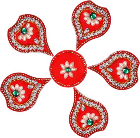 ديكورات أرضية Diwali Rangoli مصنوعة يدويًا من الأكريليك الأحمر Dipak لتزيين الطاولة وأحجار مرصعة بالترتر والديكور التقليدي لباب المنزل | ملصقات الحائط الأرضية RJV-002 in Saudi Arabia