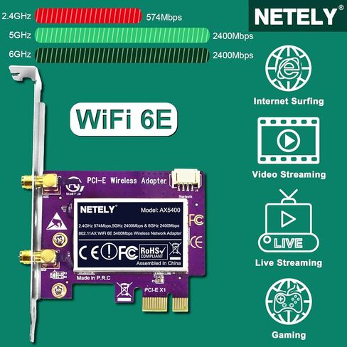 802.11AX WiFi 6E 5400Mbps PCIE WiFi Adapter with Bluetooth 5.2 for Windows 10/11 64bit Desktop PCs, 2.4GHz 574Mbps, 5GHz 2400Mbps, and 6GHz 2400Mbps, Intel WiFi 6E AX210 PCIE WiFi Card (AX5400) in Kuwait