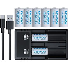 16340 Rechargeable Battery 3.7V 2800mAh Large Capacity Button Top Batteries for Headlamp Flashlight(8 Pack,16340 Battery+Charger)