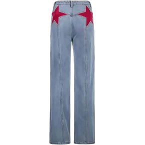 AULKEEP Womens Red Star High Waisted Pants Stretch Wide Leg Jeans Y2K Streetwear Patchwork Denim Trousers