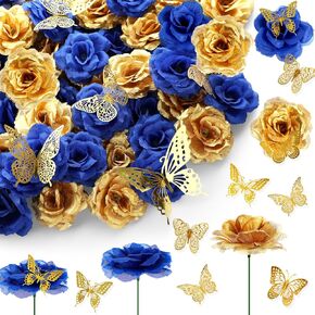 296 Pcs Faux Roses with Stem and 3D Butterfly Decorations Artificial Roses Bouquet Artificial Flowers Bulk Stemless Fake Silk Roses for Wedding Party Baby Shower DIY Home Decor (Blue, Gold)