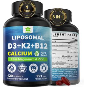 6-in-1 Liposomal Vitamin D3 K2 Calcium Supplement - Plant Based Calcium 600mg with Vegan Vitamin D 5000 IU + Vitamin K2 MK7 + B12, Algae Calcium Magnesium Zinc for Bone, Hear-t, Max Absorption, 1Pack