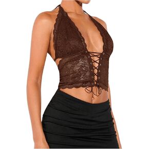 SOLY HUX Women's Sexy Lace Sheer Corset Top Halter Neck Tie Up Backless Crop Tops Party Rave Outfits
