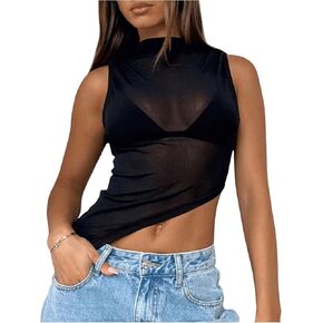 Women's Sheer Mesh Mock Neck Tank Tops Sleeveless Asymmetrical Hem Crop Tops Clubwear