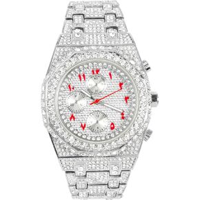 ICE STAR Men's Iced Out 43mm Octagon Shape Watch, Quartz Movement - Silver Red Arab Dial