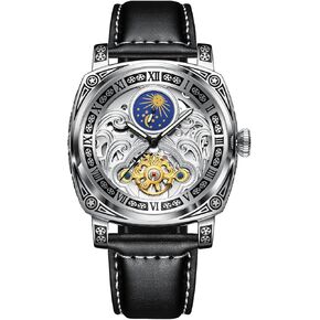 Square Retro Mechanical Watch Self Winding Watches for Men Automatic Mens Watches Tourillon Stainless Steel Dual Calendar Leather Wrist Watch